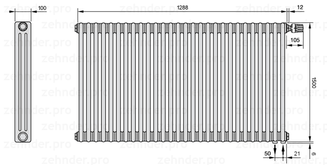 Схема (чертеж) Радиатор Zehnder Charleston 3150/28 №V002 Белый глянцевый RAL 9016